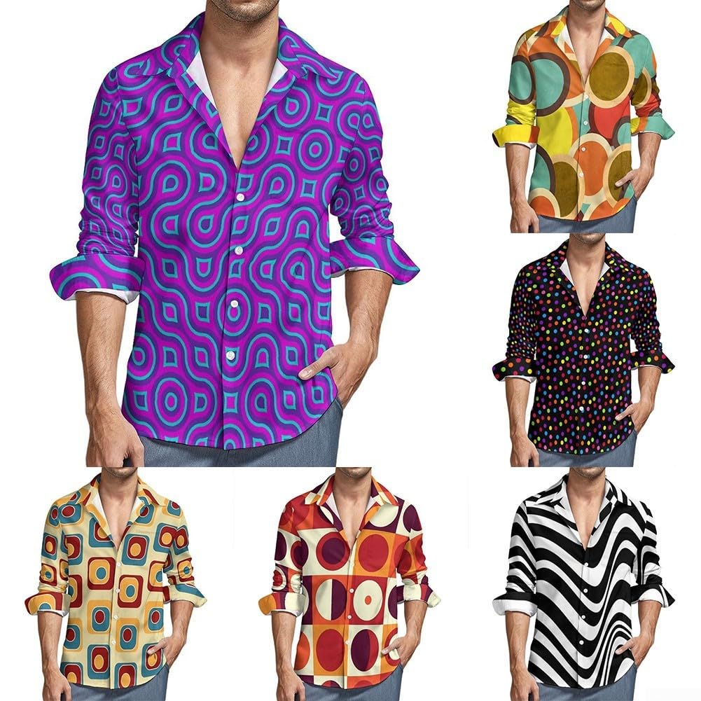 Camicia a maniche lunghe da uomo in stile vintage anni '70 con stampa 3D alla moda (M giallo)