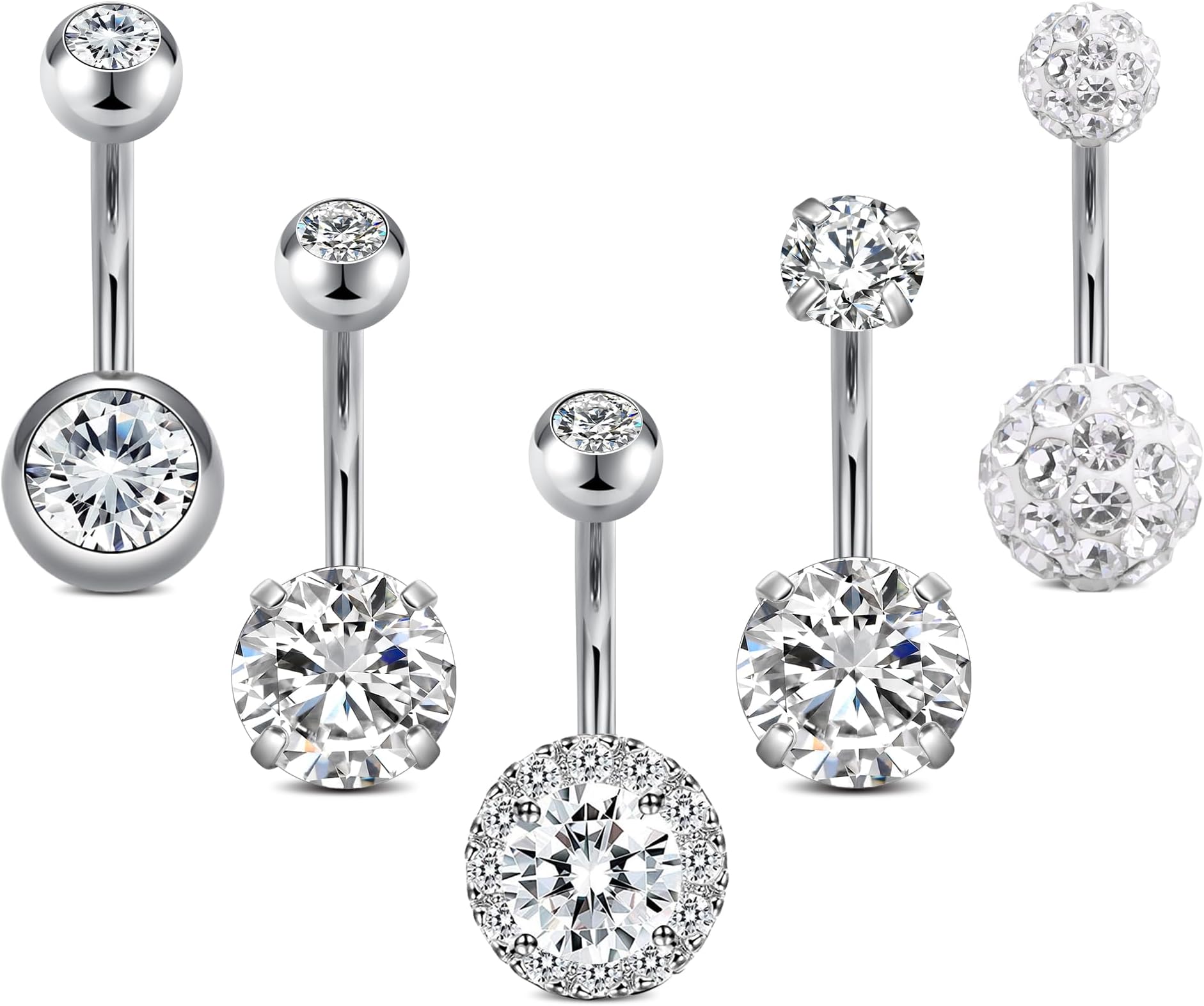 Pack of 5 Stainless Steel Belly Button Ring Set 14 Gauge 10mm Barbell Navel Bars Piercing Jewellery