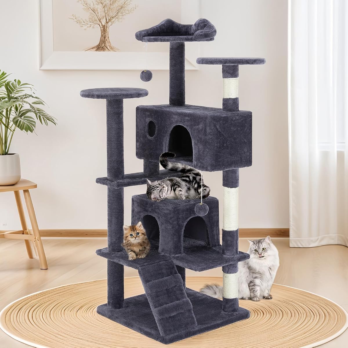 Aidoly 54 Inch Cat Tree Tower with Sisal Scratching Posts, Multi-Level | Cat Tower with Climbing Ladder, Play view 2
