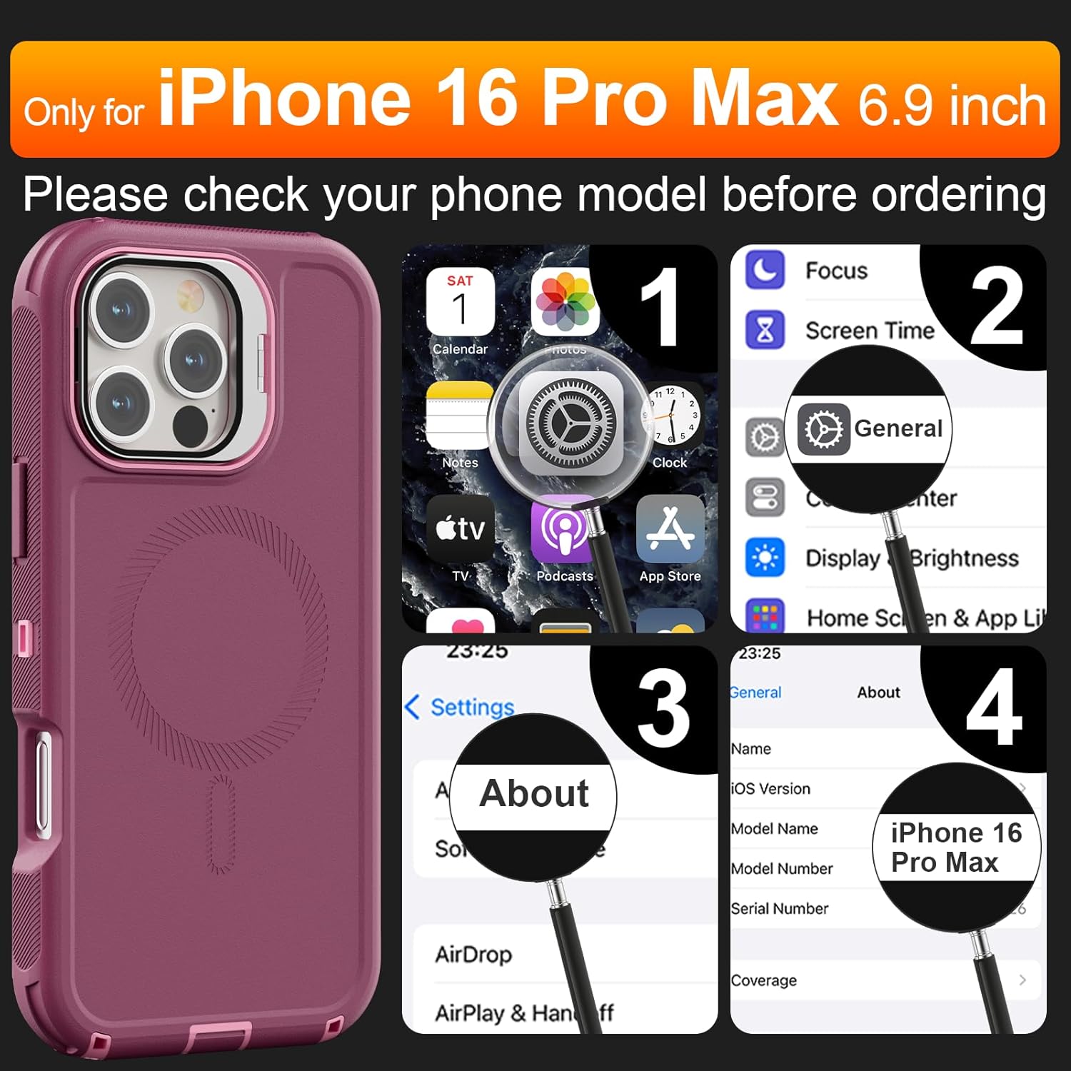 for iPhone 16 Pro Max Case with Stand & Built-in Camera Cover, MagSafe Compatible, Heavy-Duty Shockproof Protection, Magnetic & Rugged Phone Cover for iPhone 16 Pro Max 6.9'',Purple-Pink - Image 2