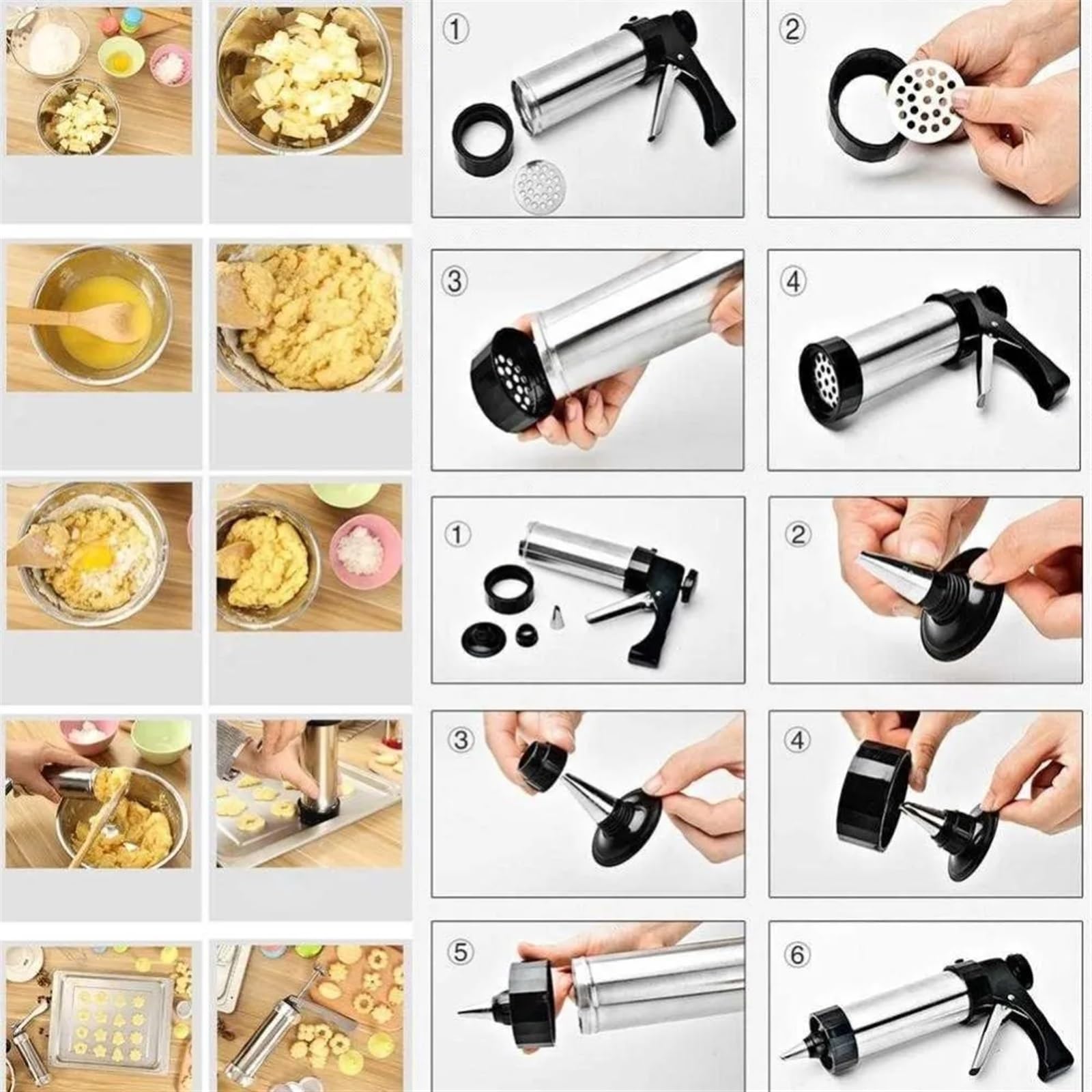 Garnierspritze Edelstahl Cookie Press Kit Machine Cookie Making Cake Decoration 13 Press Molds 8 Pastry Piping Nozzles Cookie Tool Biscuit Maker DIY Backzubehör(Light Grey)