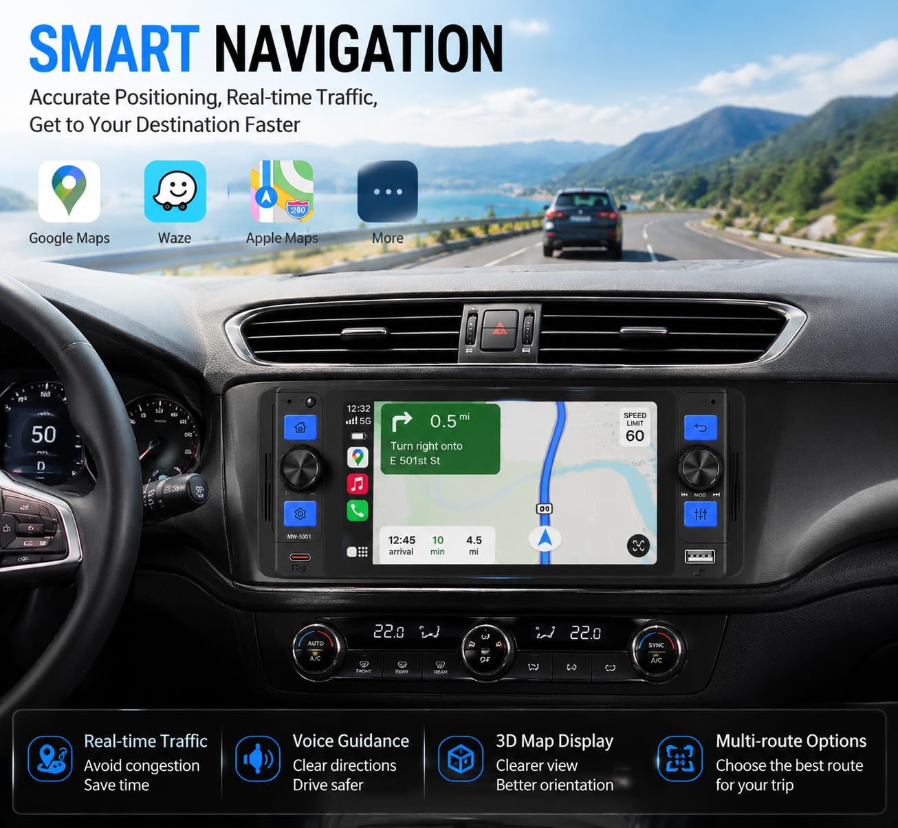 Single Din Car Stereo with Wireless Apple CarPlay, Car Radio with 5" IPS Touchscreen, Car Bluetooth 5.2, Android Auto, Car Backup Camera, GPS, USB & Type-C, FM/AM/RDS, Car Play Stereo for Truck