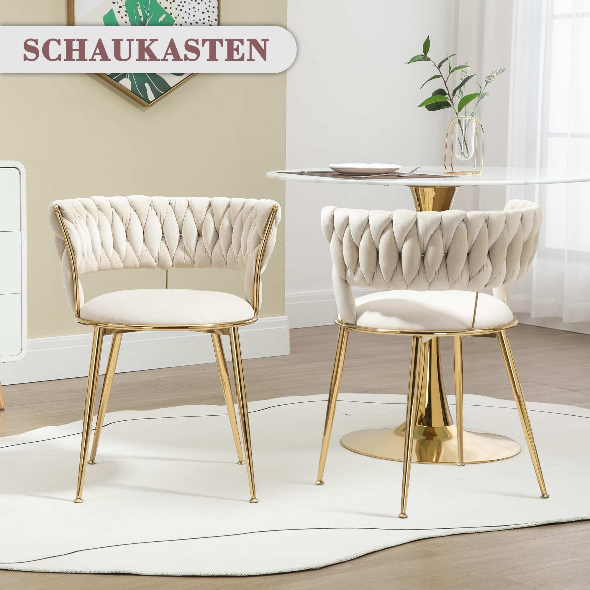 Samt Stuhl, Schalenstuhl mit Armlehne, Esszimmerstühle, Sessel Modern mit Goldenen Metallbeinen und Weichen Kissen für Esszimmer, Wohnzimmer und Schlafzimmer (2er-Set, Beige-2)