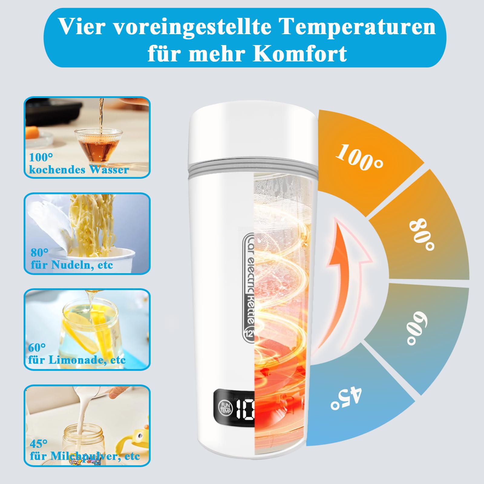 Hervidor de agua portátil para coche, 12 V/500 ml y 40~100 ℃ ajustable, hervidor de agua de viaje y calentador de agua rápido de 80 W, protección contra incendios secos, para acampar en el coche,