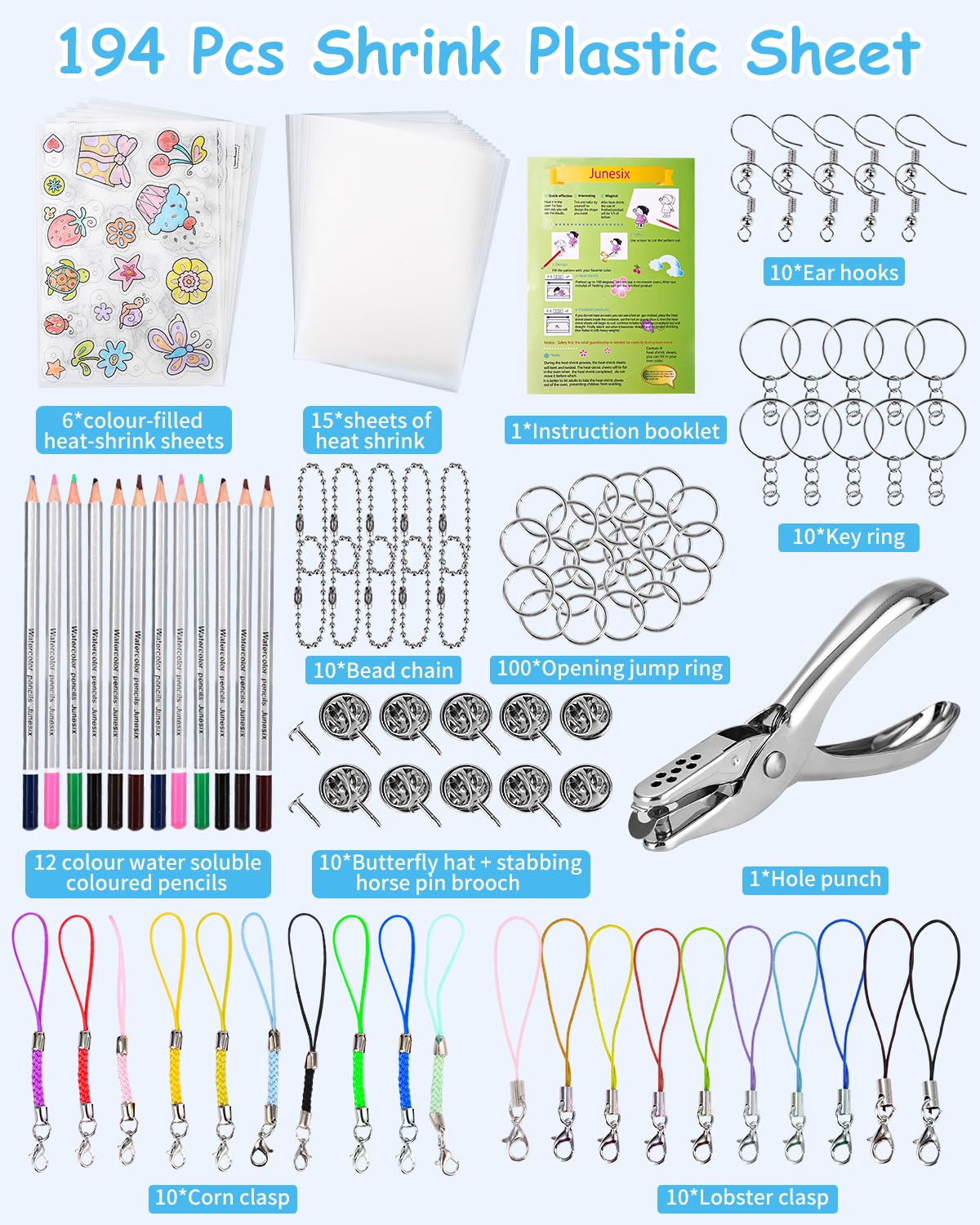 Woohome 52 Pz Kit di Fogli di Plastica Termoretraibile, 19 Pz Foglio Termoretraibili con Perforatore, Portachiavi, Gancio per L'orecchio e Pinzette per Artigianato Creativo