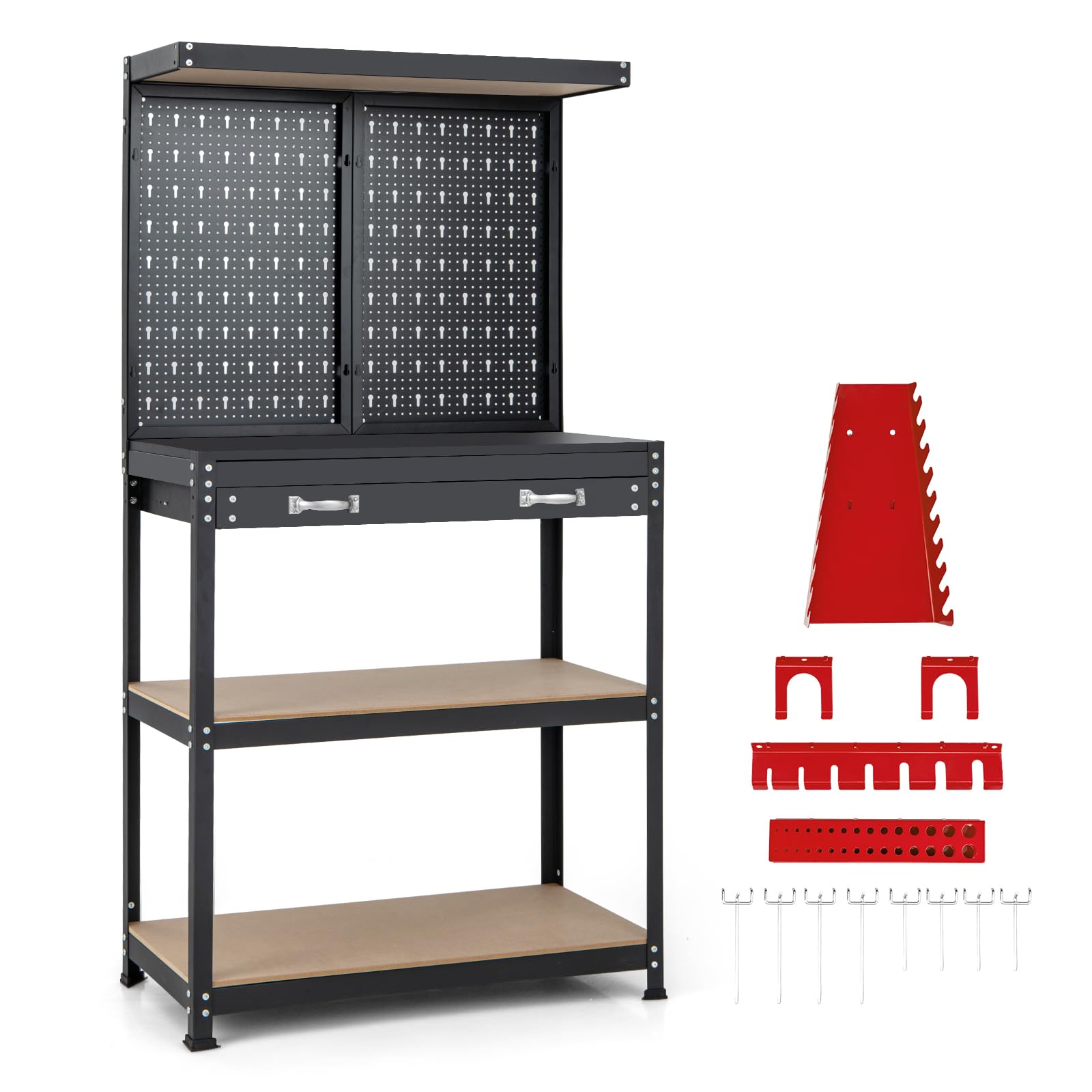 GiantexUKWorkbench with Pegboard, Metal Frame Garage Work Bench with 13 Hanging Accessories, Drawer & 4-Tiers Shelves, Heavy Duty Tool Storage Station Unit for Warehouse Workshop (Red + Black)