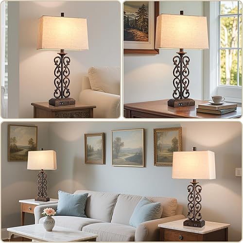 Miniatura 3 de Juego de 2 lámparas de mesa táctiles de granja para sala de estar, regulables de 3 vías con puertos USB duales, lámpara de mesita de noche rústica