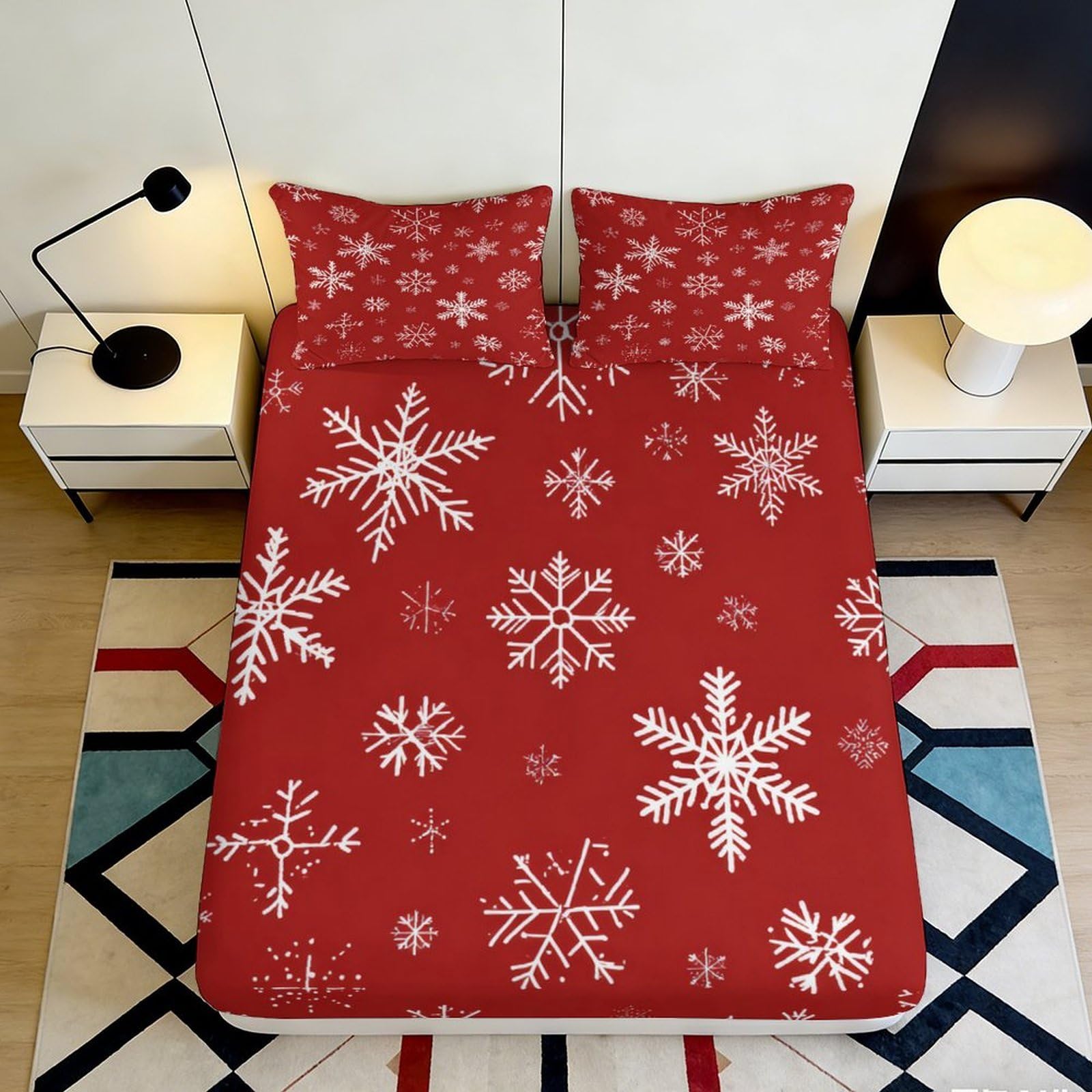 3D Printed Red Snowflake Fitted Sheet Microfiber Soft Mattress Cover for Bedroom Dorm Holiday Decor Easy Care 90x200x25cm