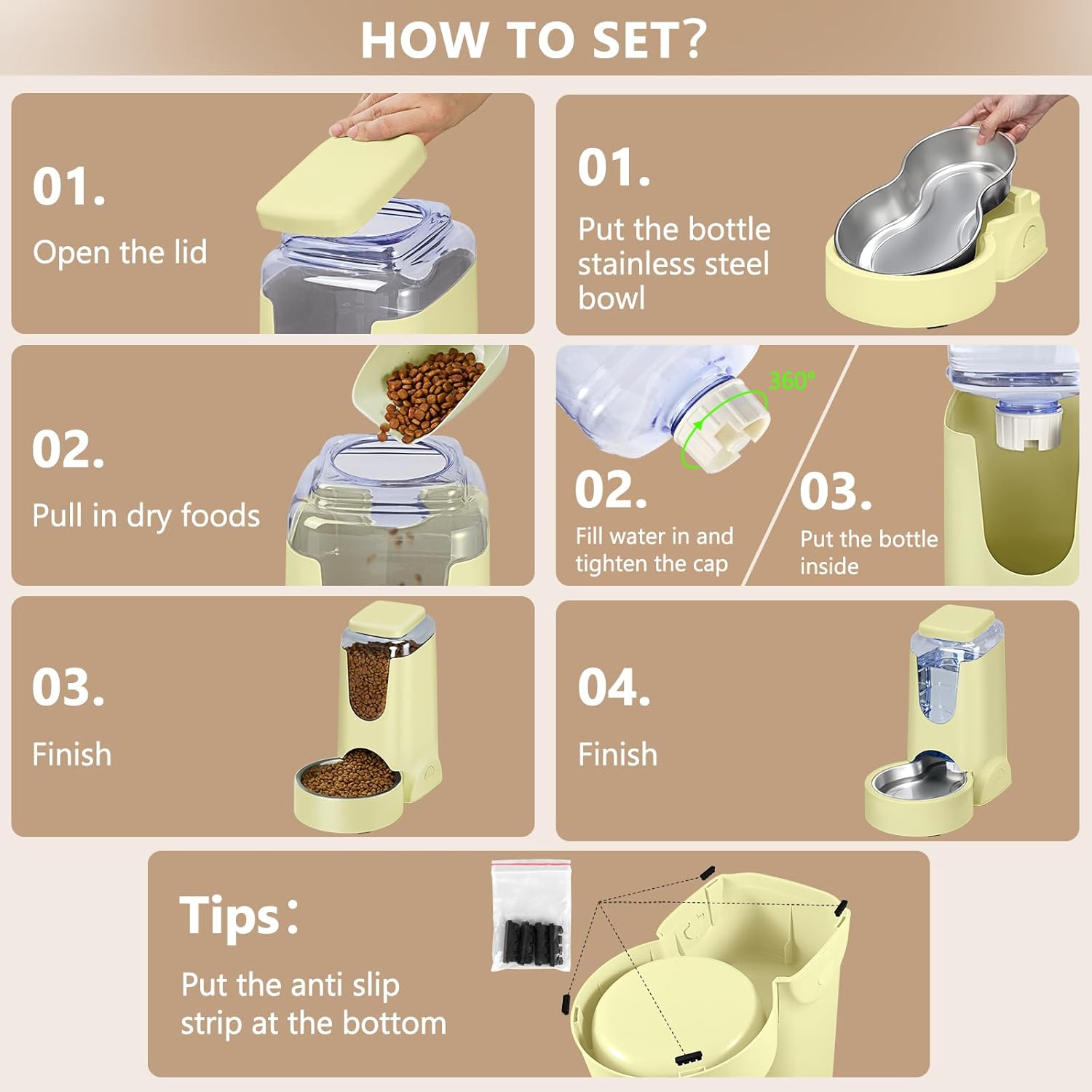 HWONMTE Portable Automatic Cat Feeder and Water Dispenser with Stainless Steel Bowl Dog Gravity Food Feeder and Waterer for Small Medium Pets Puppy Kitten 1 Gallon x 2 (Cream Yellow)