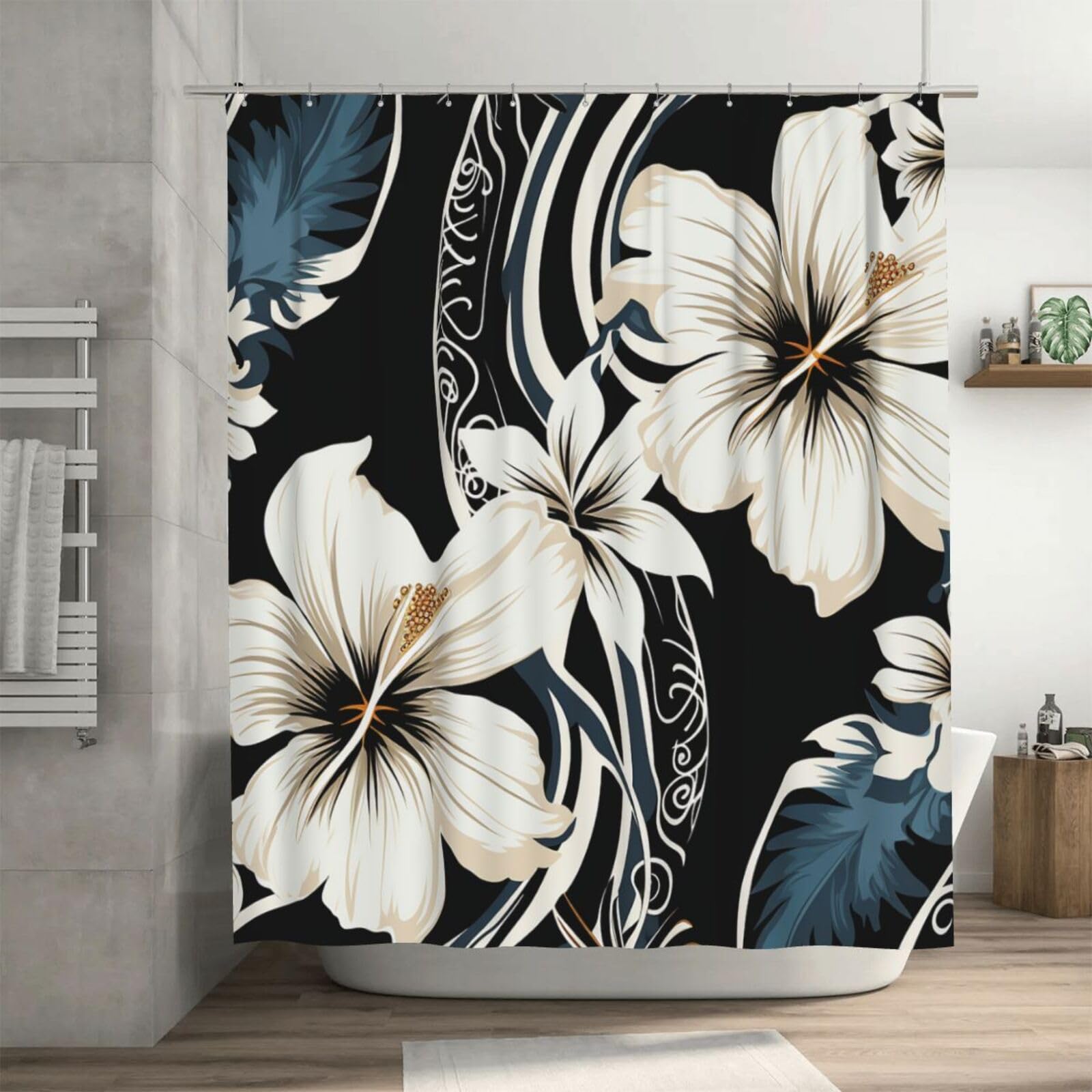 Rideau de douche déco tropicale noire et blanche pour baignoire familiale