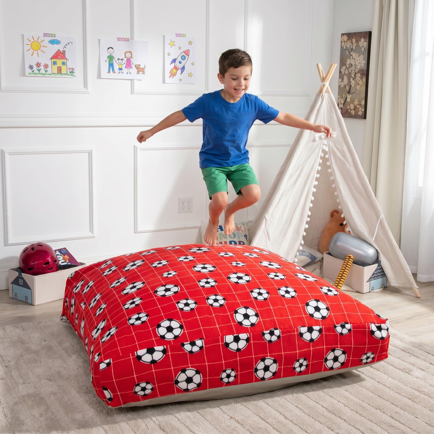 Matini Home Sensory Crash Pad - Non Slip Bottom, Soft Fabric Sensory Pads, Landing Mat for Jumping, Relaxing &amp; Play - 48" x 48", Red Soccer Ball