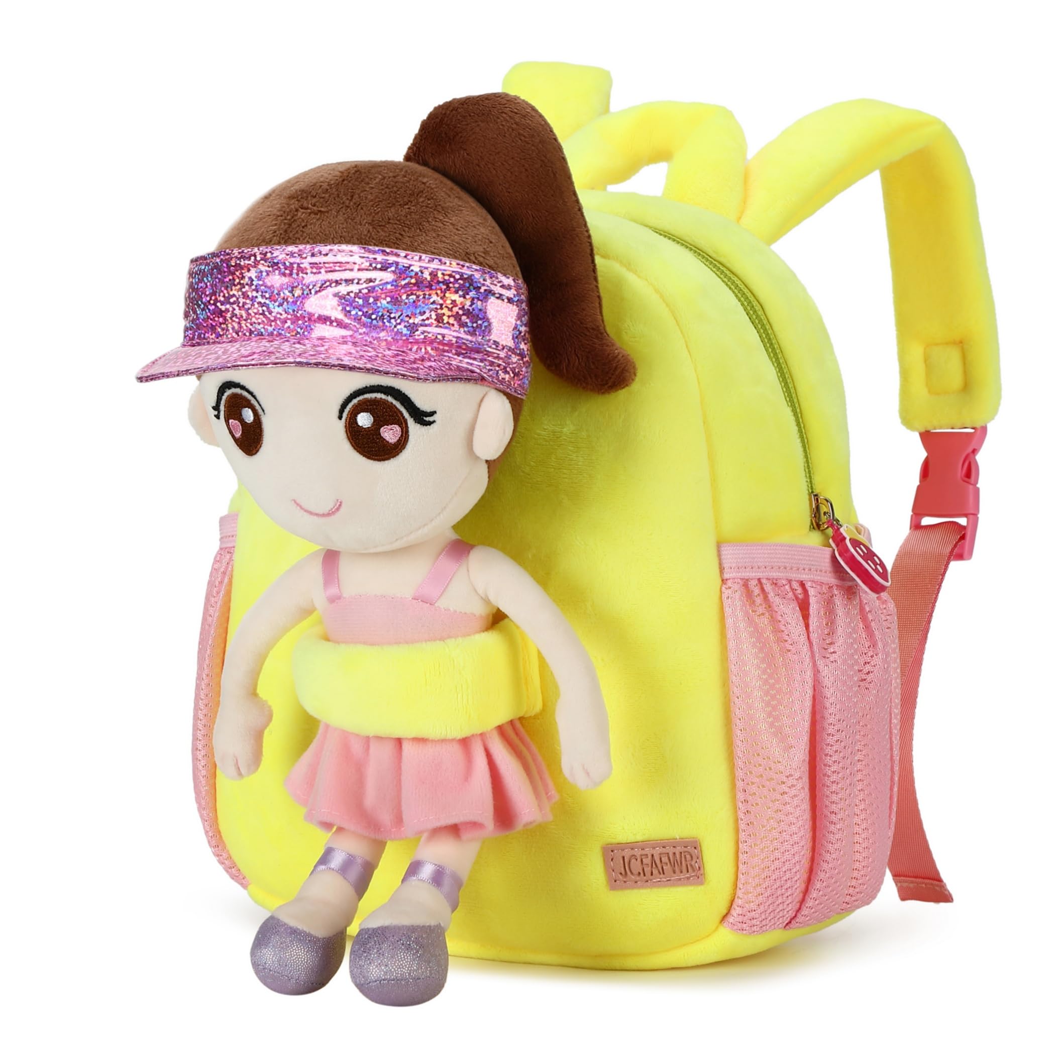 JCFAFWR Toddler Backpacks for Girls 2-4, Lightweight Cute Kids Backpack Detachable Plush Doll Preschool Backpack(YELLOW-M)