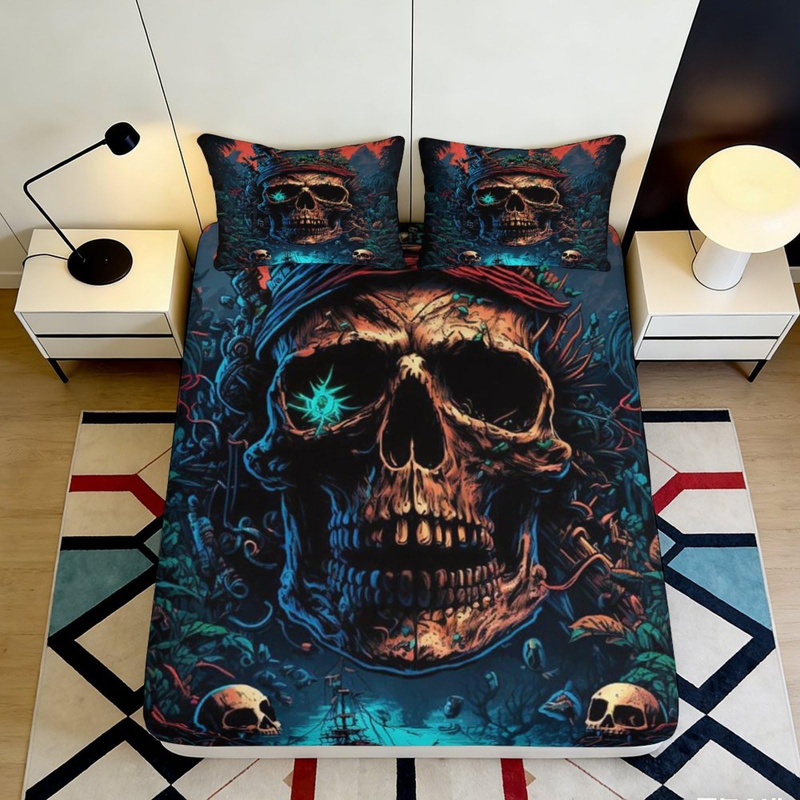 3D Printed Skull Pattern Fitted Sheet Microfiber Soft Breathable Gothic Skeleton Mattress Cover for Bedroom Dormitory Guest Room Protection Decor 140x200x25cm