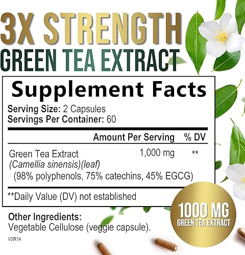 Vista 11 de PureTea - Píldoras de extracto de té verde de 1000 mg con EGCG – 98% de polifenoles estandarizados – Cápsulas de té verde de absorción 3X