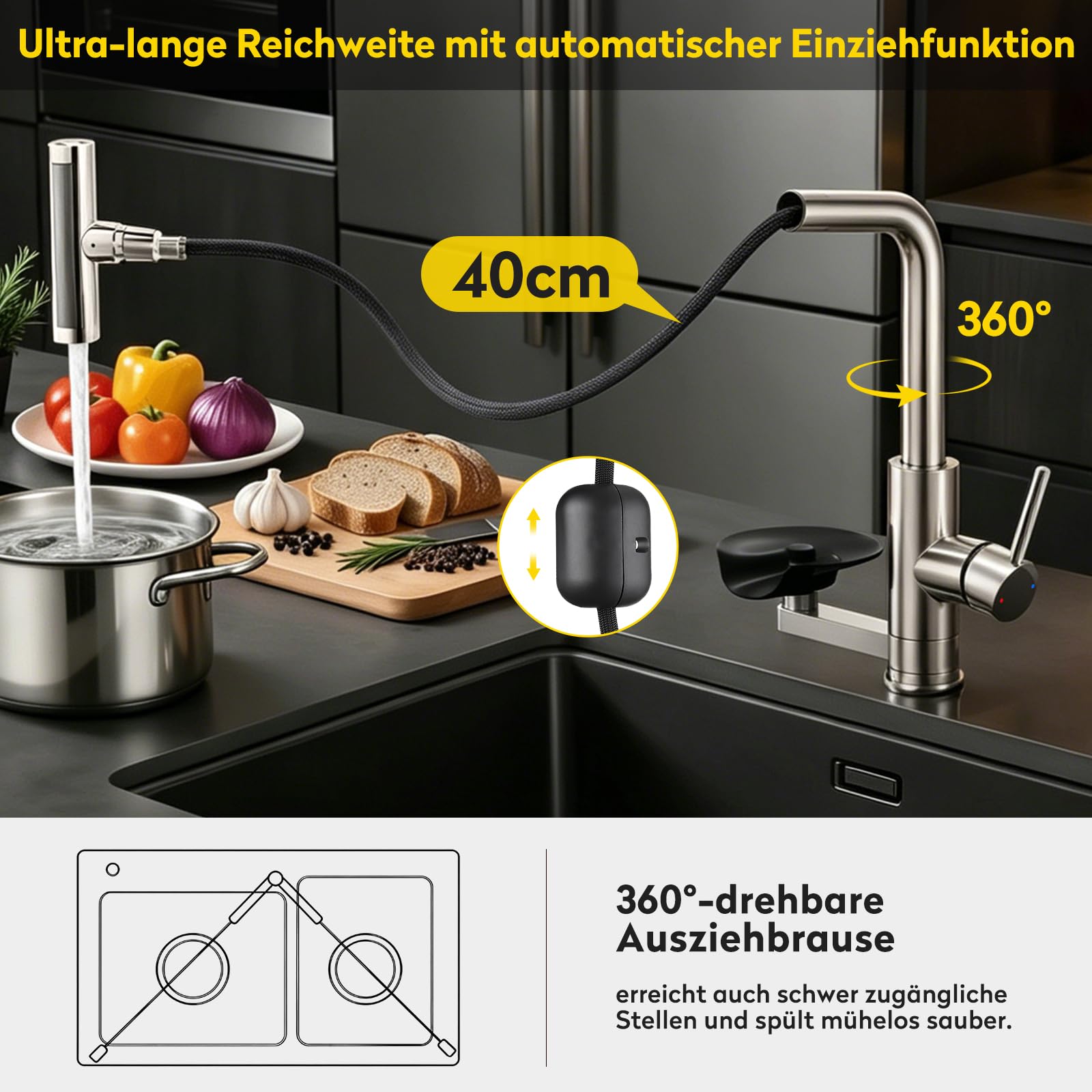 JONKEAN Hochdruck Küchenarmatur mit Brause und Glasspüler | Einhebelmischer mit 4 Strahlarten, Waterfall Spültischarmatur, 360°-Drehung Mischbatterie, 304 Edelstahl, für Bar und Küche