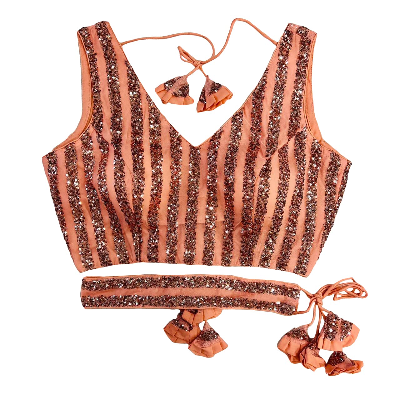 Vihu Fashion Women's Emblished Sequins Sleeveless Fancy Peach Blouse With Belt(Sequins Belt Peach_38)