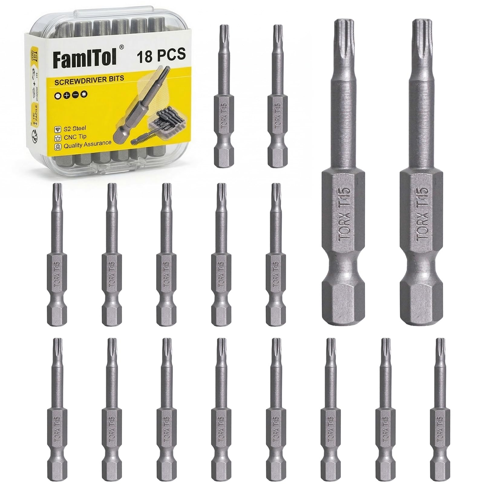 FamlTol 18pcs T15 Torx Bit 50mm Impact Bits 1/4" Hex Shank S2 Star Screwdriver Bits for Electronics Appliances and Automotive Repair โ image 1