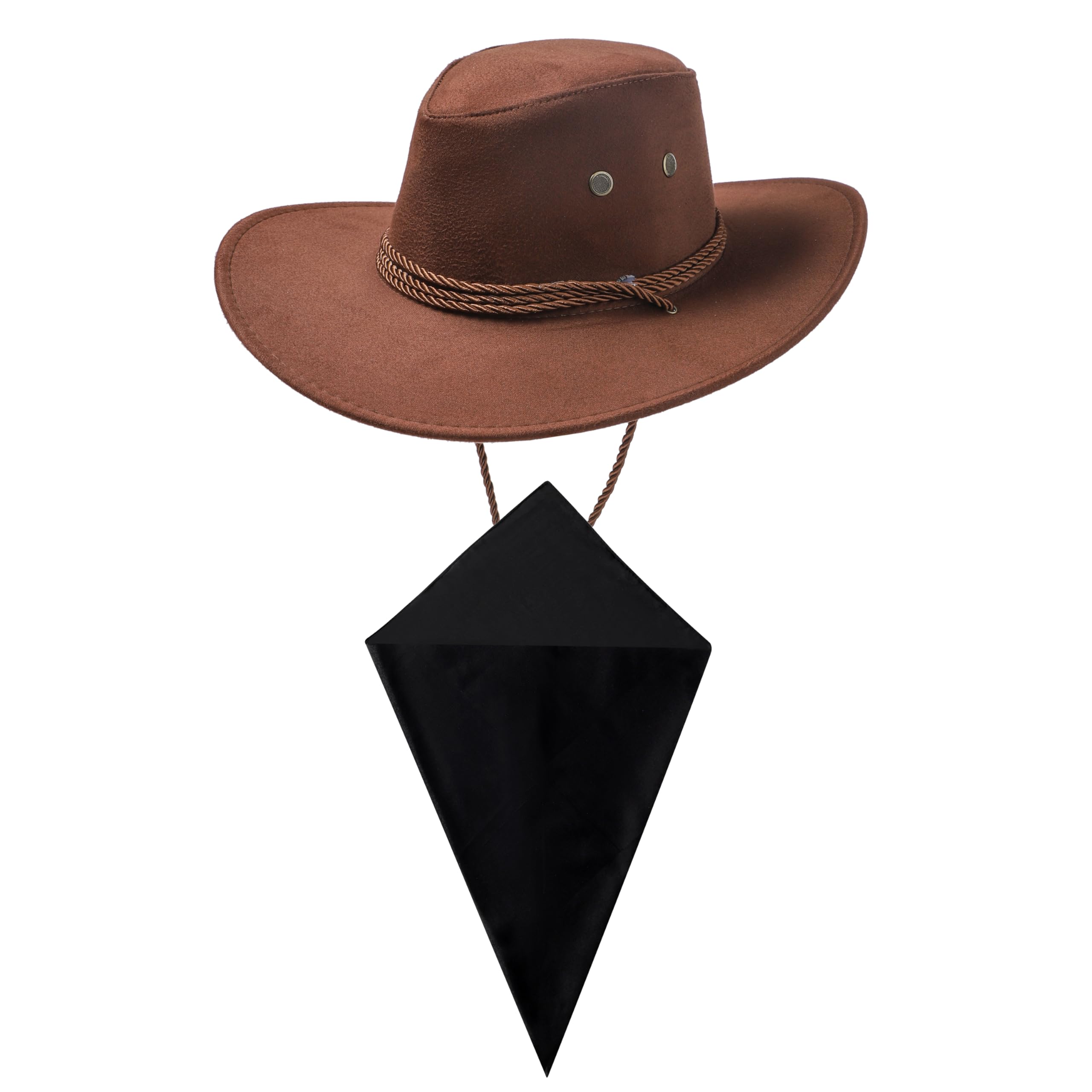 Dark Brown Cowboy Hat and Plain Black Bandana Western Sun Cap Faux Felt Leather Suede Fancy Dress Party Costume Outfit Neckscarf Sun Protection Mens Womens โ image 1