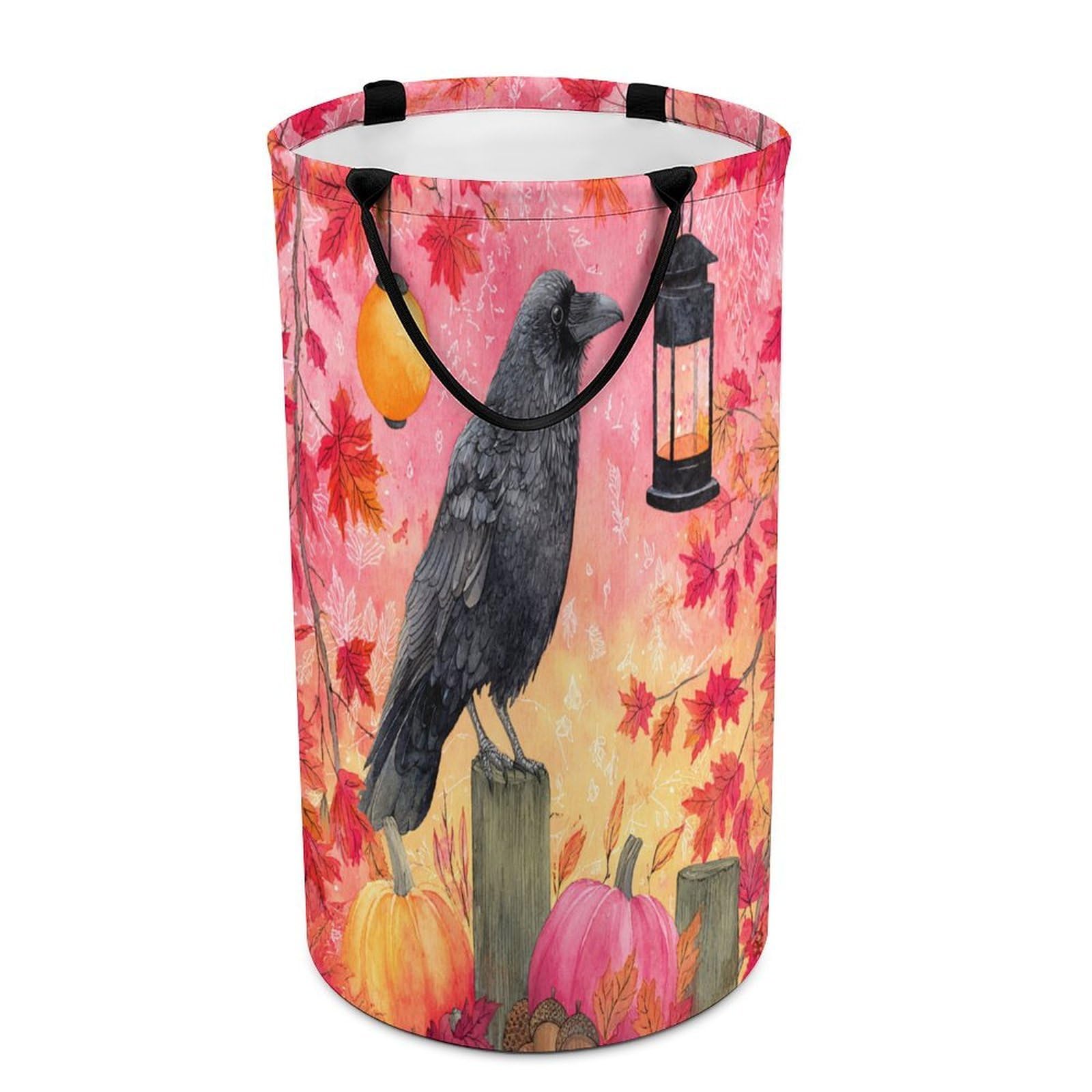 LUYYSKY Modern Art Black Crow Versatile Storage Laundry Basket, Mid Century Retro Halloween Plant Pumpkin Maple Leaves Animal Raven Large Bathroom Laundry Hamper With Handle-40 CM Dia, 69 CM High