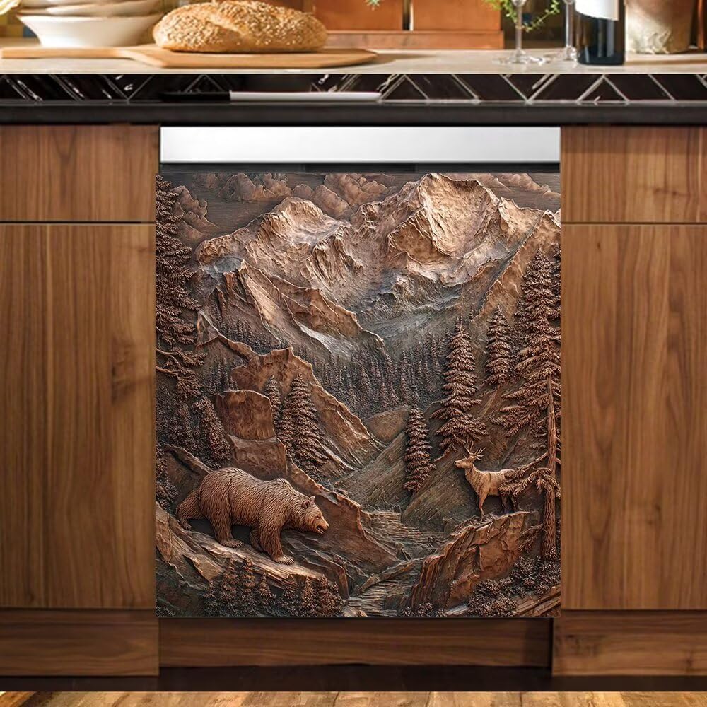 Mountain Bear Dishwasher Magnet Cover, Deer Dishwasher Cover Front Door Panel Decal, Retro Refrigerator Sticker for Kitchen Decoration, Magnetic Cover for Home Appliances Fridge, 23"x26"