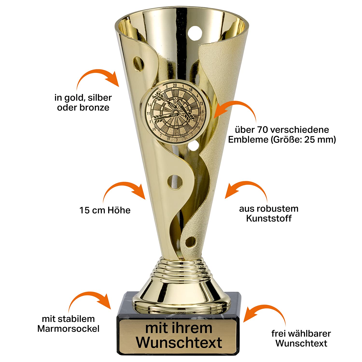 Deitert Pokal in Gold, Silber oder Bronze - Trophäe mit Wunschtext graviert und Sportemblem nach freier Auswahl - 15cm Sportpokal mit Marmorsockel für Ihre Siegerehrung A100