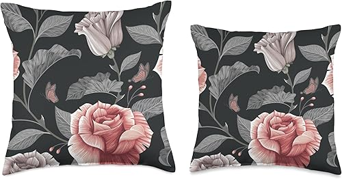 Miniatura 3 de Dark vintage floral pattern pink flower rose leaf Throw Pillow