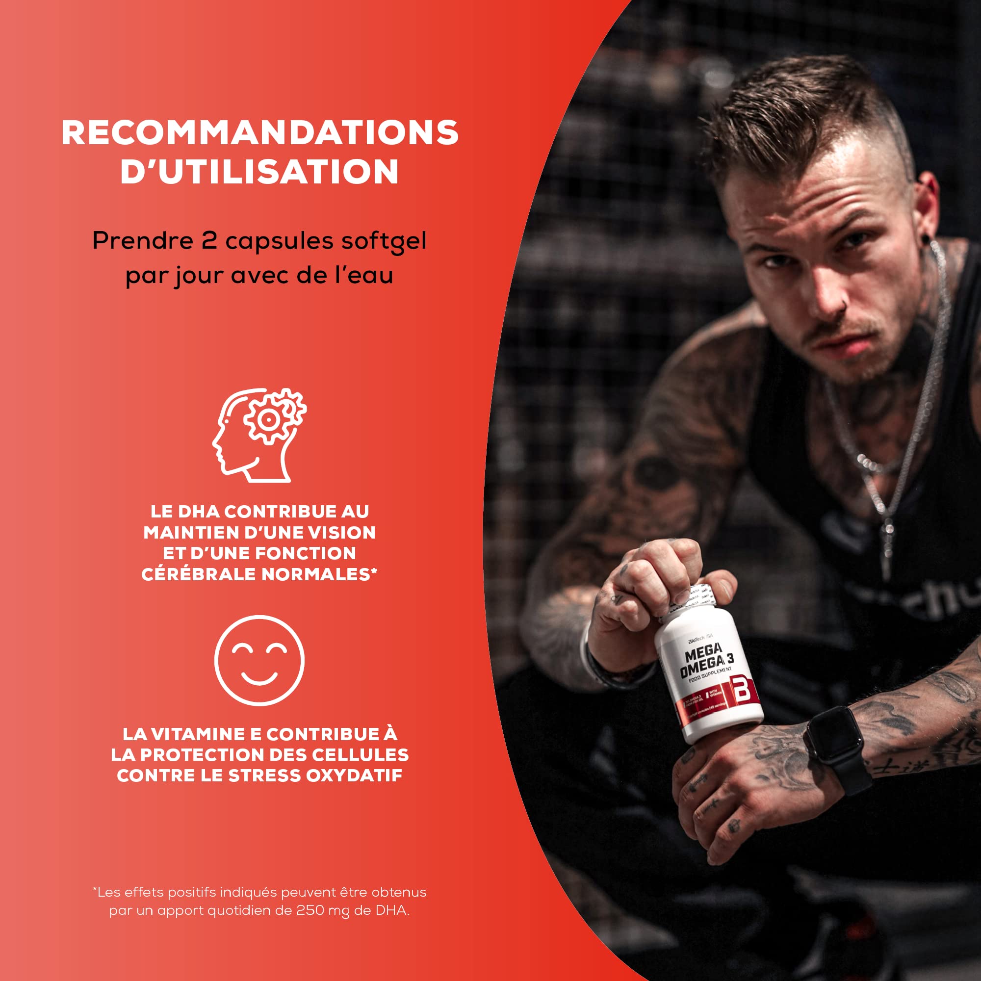 BioTechUSA Mega Omega 3 Softgel Capsules | 70% EPA et DHA | Santé normale du cerveau et du cœur | Vitamine E ajoutée, 90 capsules