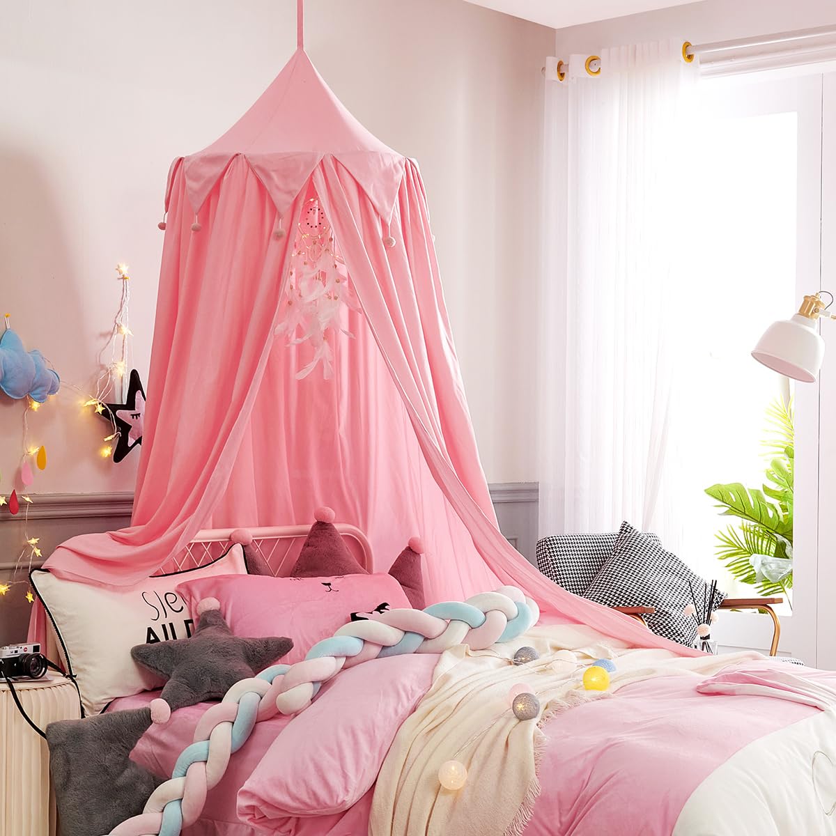 Surwin Bed Canopy for Girls Pink, Round Dome Children Mosquito Net Protection Canopy | Kids Bedroom Nursery Decorations Hanging Curtain | Princess Play Tent