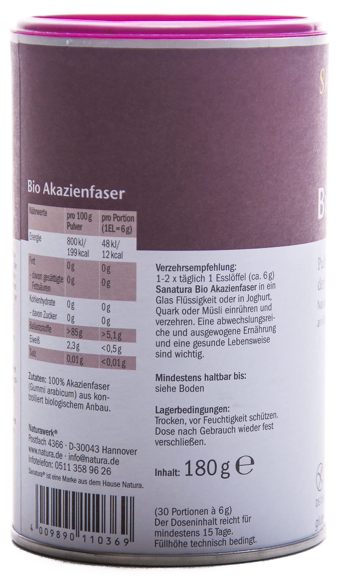 3 x 180 g Sanatura Akazienfaser Pulver Bio – 540 g – wertvoller Ballaststofflieferant aus Akazienfasern - lösliche Ballaststoffe - vegan, glutenfrei und fructosefrei – gut verträglich
