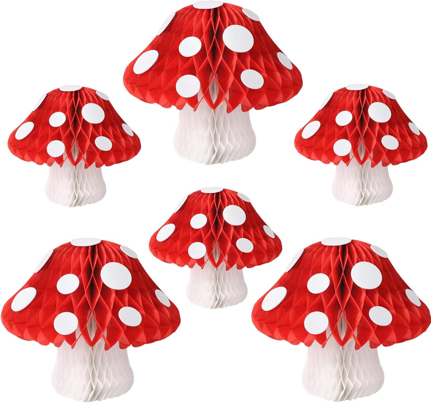 Mushroom Party Decorations, Mushroom Shaped Honeycomb Paper Lanterns for Birthday Party Garden Room Decor Pack of 6