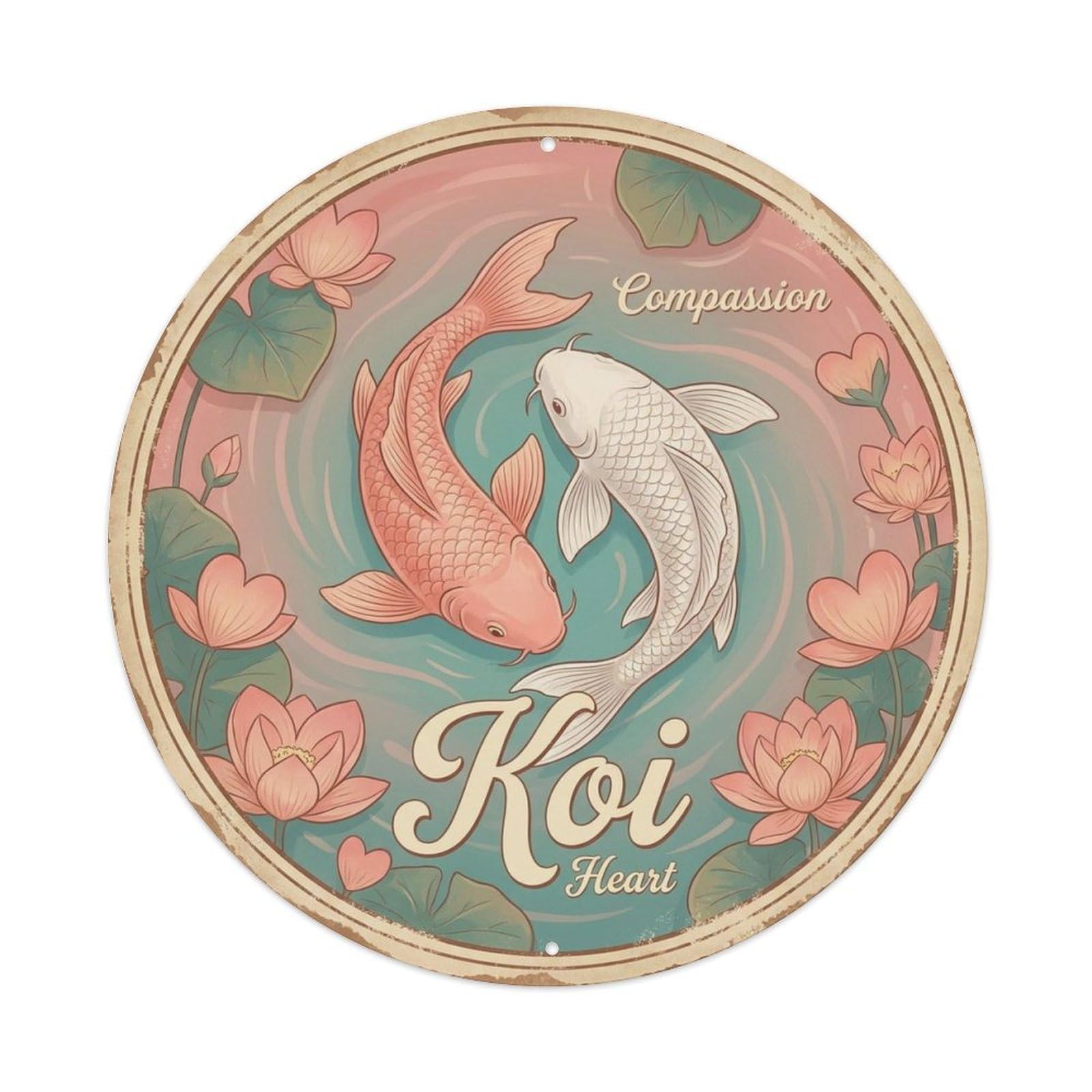 Koi Carp Classic Garden Heart Prosperity Metal Tin Sign Plaque Wall Decor for Cafe, Man Cave, Club Bar, Office, Home Garden Round Metal Poster 8x8Inch