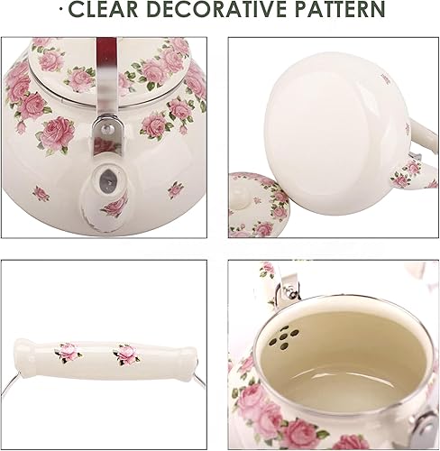 Miniatura 4 de Tetera para estufa, tetera esmaltada grande de porcelana, 2.5 L, tetera colorida de cerámica floral para estufa, diseño clásico retro (flor rosa,