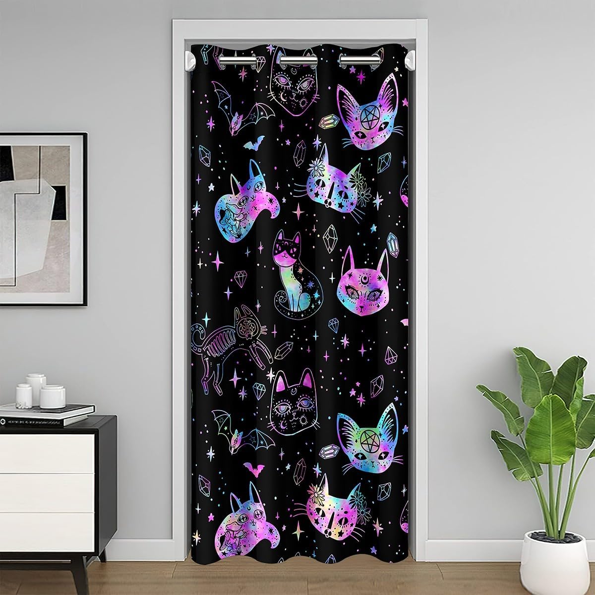 Castle Fairy Ombre Cat Skull Door Curtain for Kids Black Galaxy Starry Doorway Curtain 34" Wx 80" L Gothic Constellation Closet Curtain Bats Animal Doorway Curtain Tapestry for Hallway