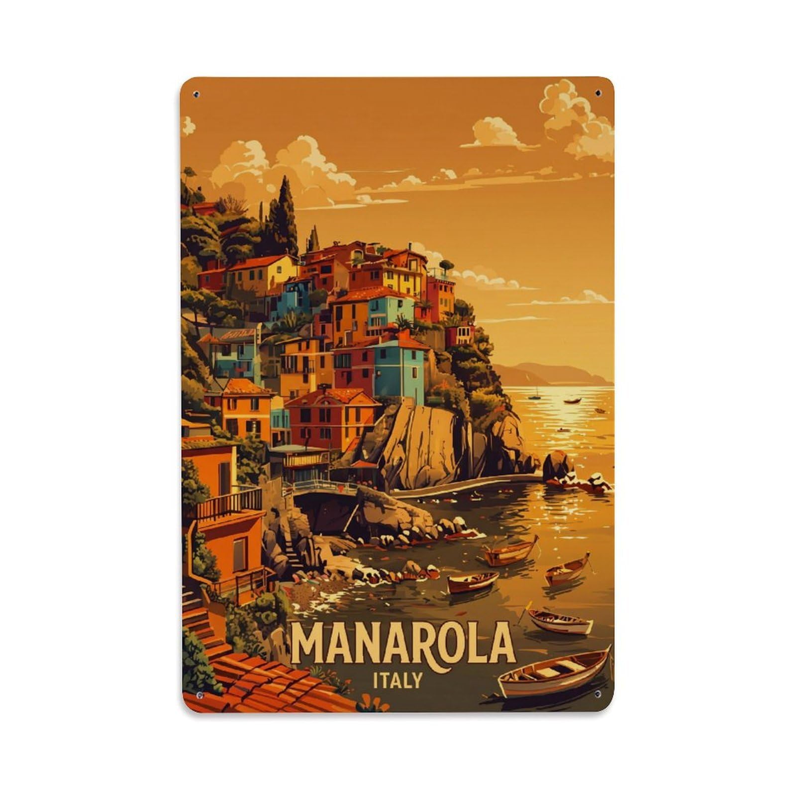 Huiyhb 8X12inch(20X30cm) Vintage Travel Manarola Italy Golden Hour Metal Tin Sign