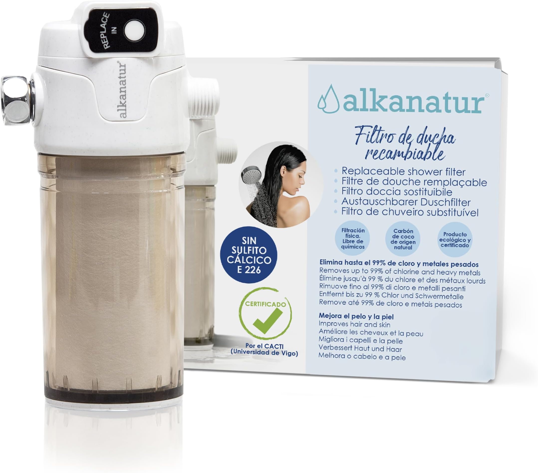 Alkanatur Shower Filter - 100% Calcium Sulfite Free - Removes up to 99% Chlorine, Heavy Metals and Limescale - 50,000 Litres of Water - Improves Hair and Skin