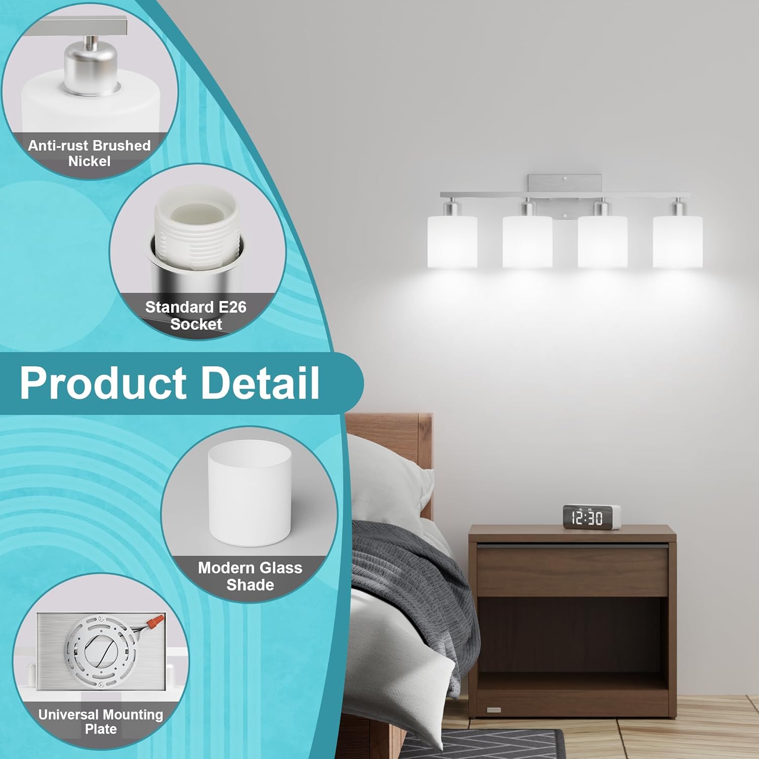 Bathroom Lights Over Mirror Brushed Nickel, Anti-Rust 4-Light Bathroom Vanity Light Fixtures, Modern 24Inches Wall Sconces E26 Base, Milky White Glass Shades, Bulbs Not Included