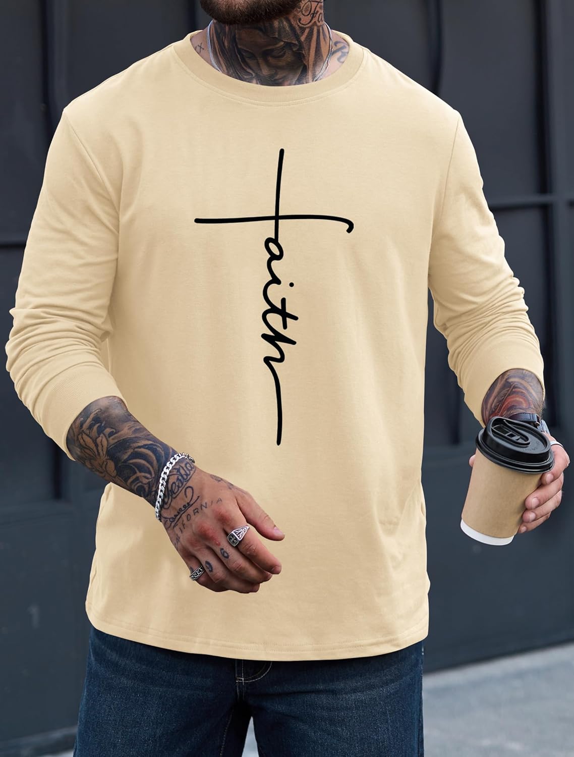 Mens Graphic Tshirt Casual Print Stretchy Long Sleeve Crewneck Tee Shirt (S-XXL) - Image 4