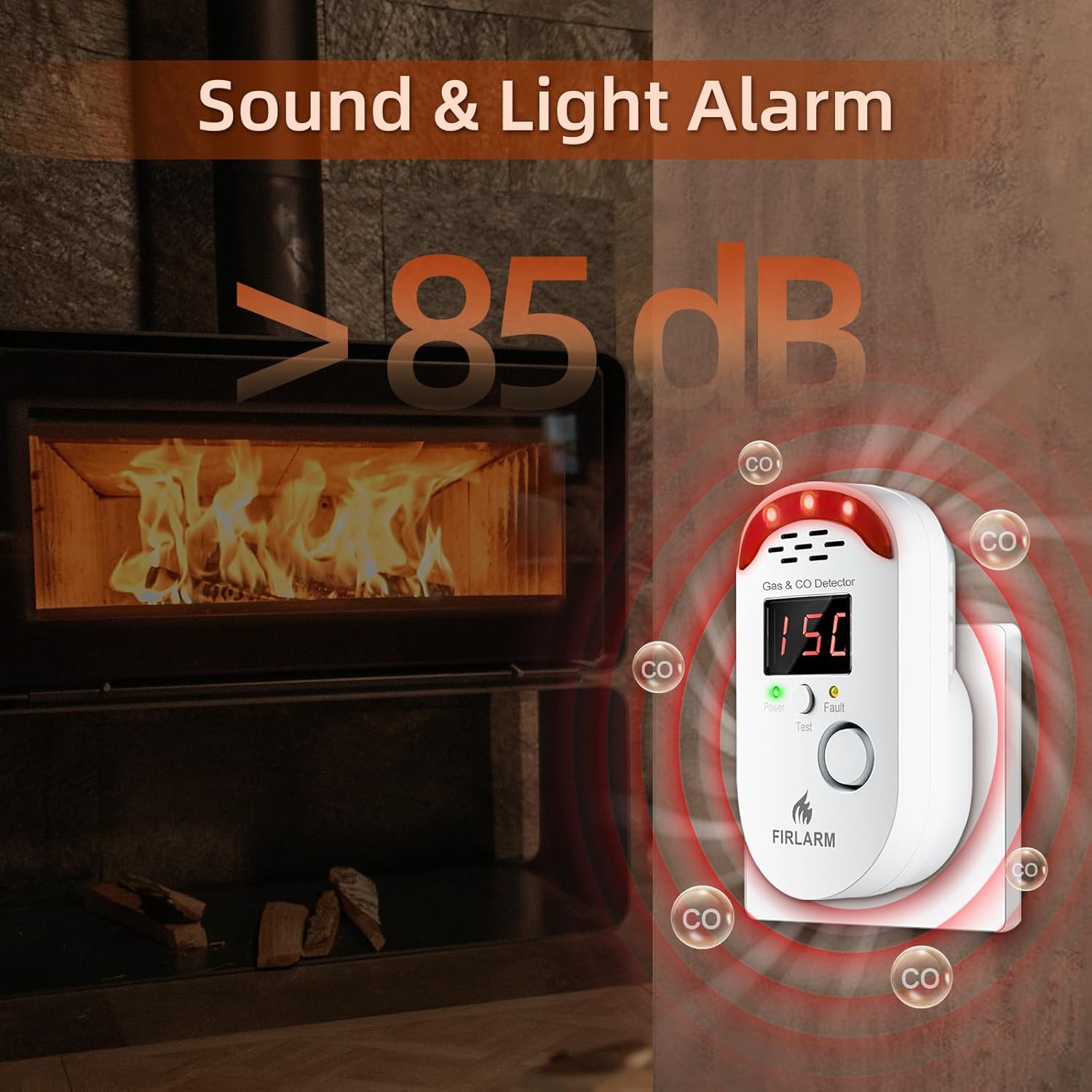 Firlarm detector alarming with sound and light in a room with a fireplace