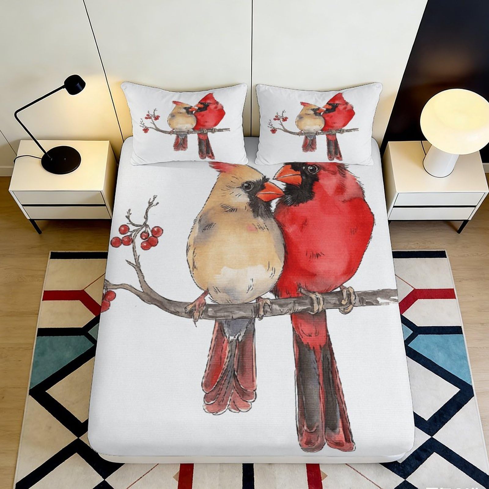 3D Printed Cardinal Birds Fitted Sheet Microfiber Soft Breathable Watercolor Branch Mattress Cover for Bedroom Guest Room Decor 90x200x25cm