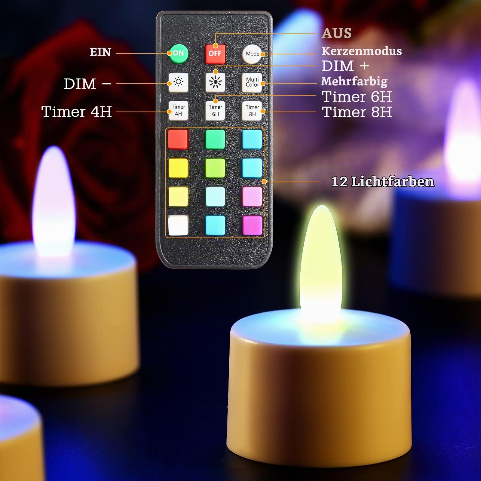 LED Teelichter wiederaufladbar,Fernbedienung,Timer,RGB,wasserdicht,12 Stück | 55 Stunden Brenndauer, flammenlos, ideal für Heim und Partydekoration