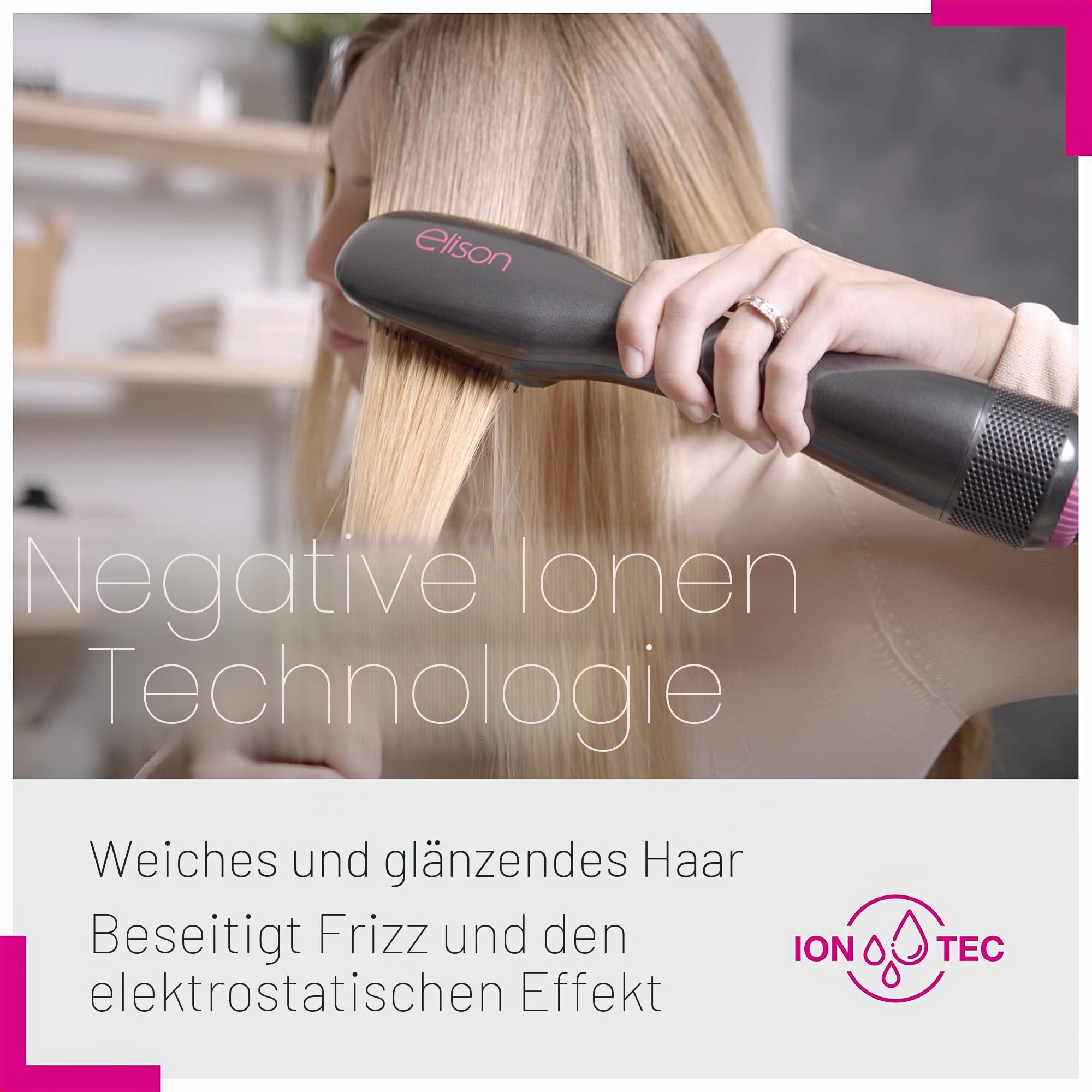 ELISON Elektrische Glättbürste, Warmluftbürste, Ionikbürste, 2 Typen von Zähnen, einstellbare Temperatur, mit Etui, Schwarz-Fuchsia
