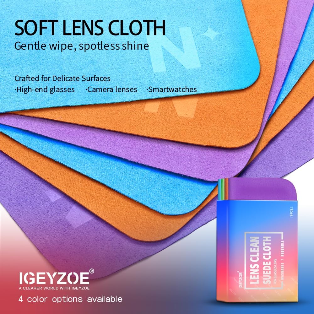 8-Pack Microfiber Lens Cleaning Cloth, Lint-Free & Scratch-Free, Instantly Cleans Glasses, Screens, Camera Lens, VR/AR Headsets, Reusable & Washable (4 Colors)
