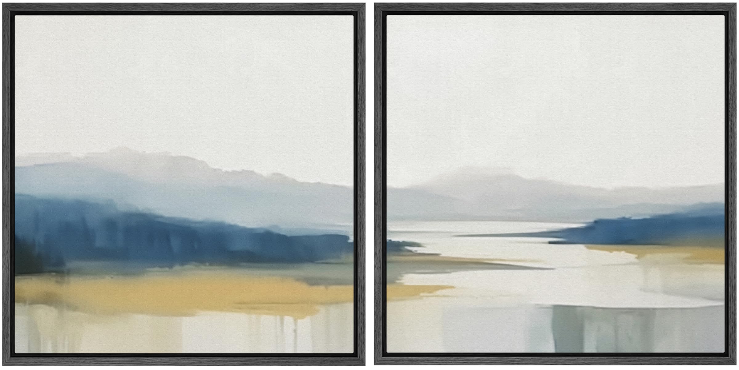 SIGNFORD Framed Canvas Print Wall Art Set Tranquil Lake Vistas Muted Tone Nature Illustrations Modern Art Minimal Relax/Calm for Living Room, Bedroom, Office - 24"x24"x2 BLACK