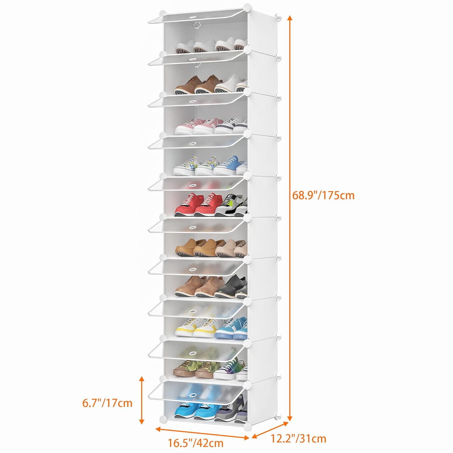 Diagram showing the dimensions of the HOMIDEC 10-Tier Shoe Rack.