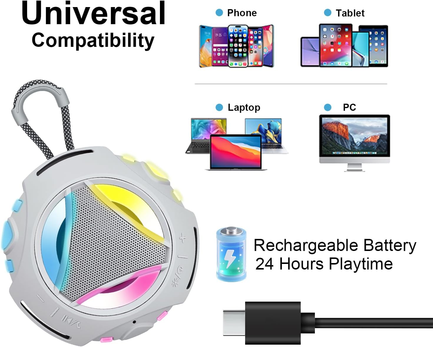 Portable Bluetooth Speaker, IPX7 Waterproof Shower Speaker, Wireless Outdoor Speakers, Floating, Built-in Mic, 24H Playtime with LED Lights, Loud HD Sound, Powerful Bass, Gifts for Unisex - Gray - Image 7