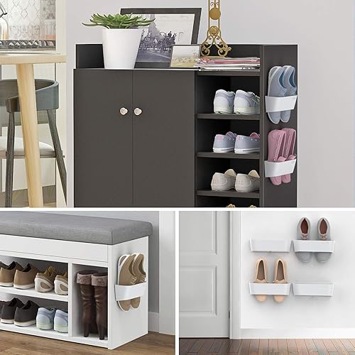 Miniatura 6 de Zapatero montado en la pared, paquete de 2 con tiras adhesivas para colgar, organizador de almacenamiento de plástico para zapatos, perchas para