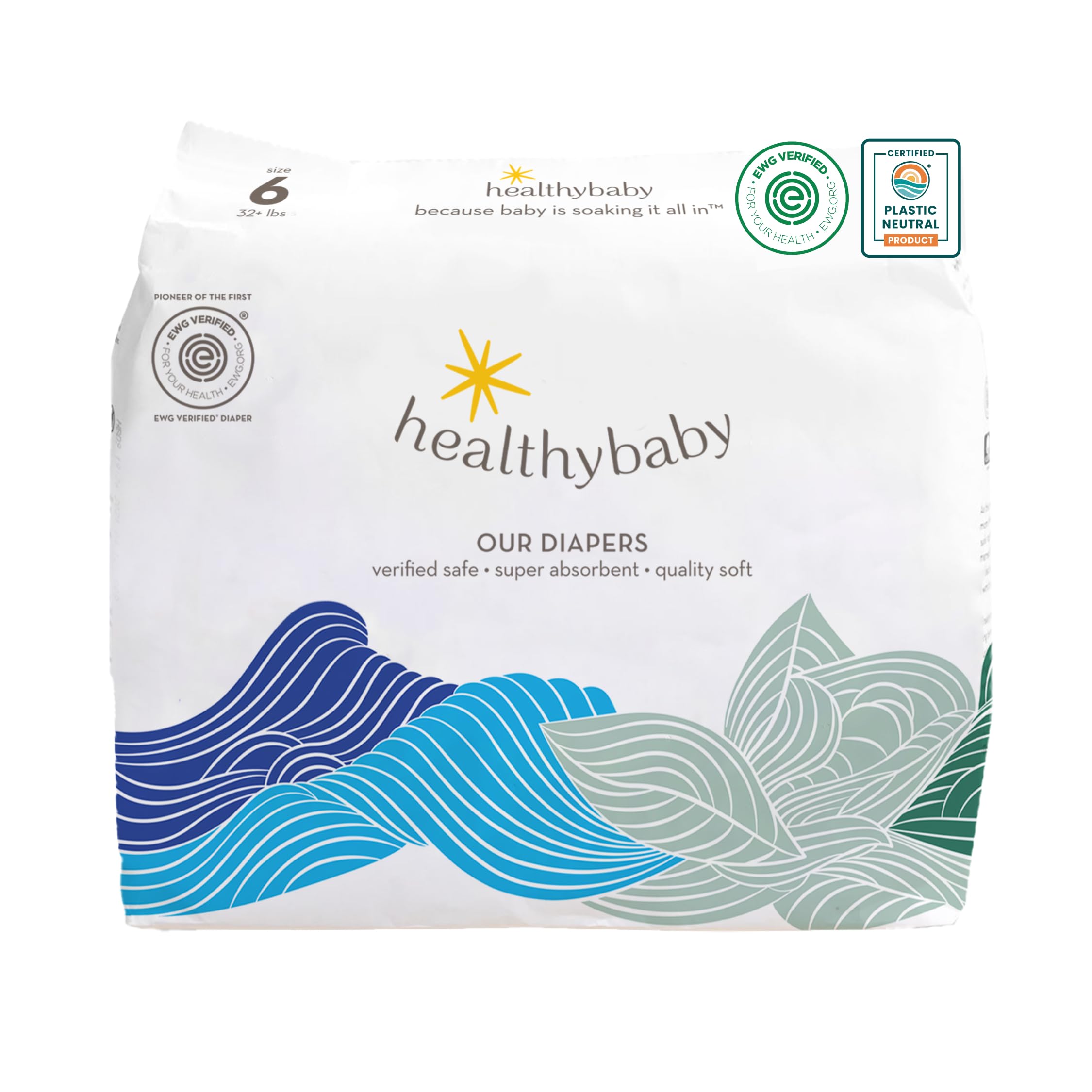HealthyBaby Our Diapers | EWG Verified Safe & Plant-Based Diapers | Leak Protection | Soft Organic Cotton Shell | Chlorine-Free Diaper for Sensitive Skin | Size 6 (32+ lbs) 34 Count