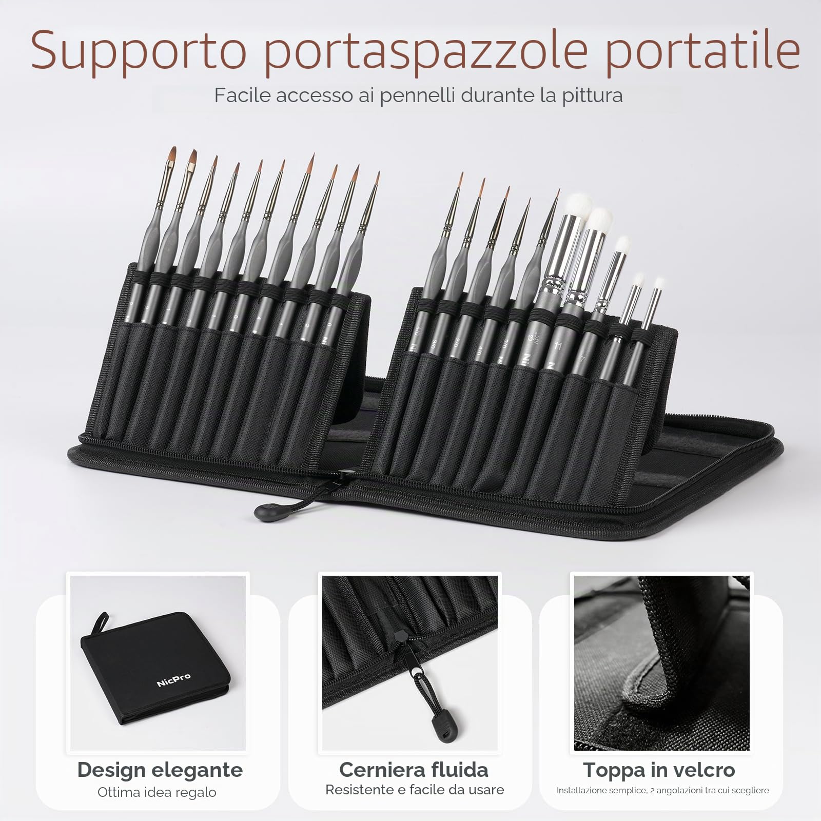 Nicpro Set di 20 pennelli per pittura in miniatura, con custodia in nylon per acrilico, acquerello, pennello per dettagli, pennello a secco per modellismo, miniature