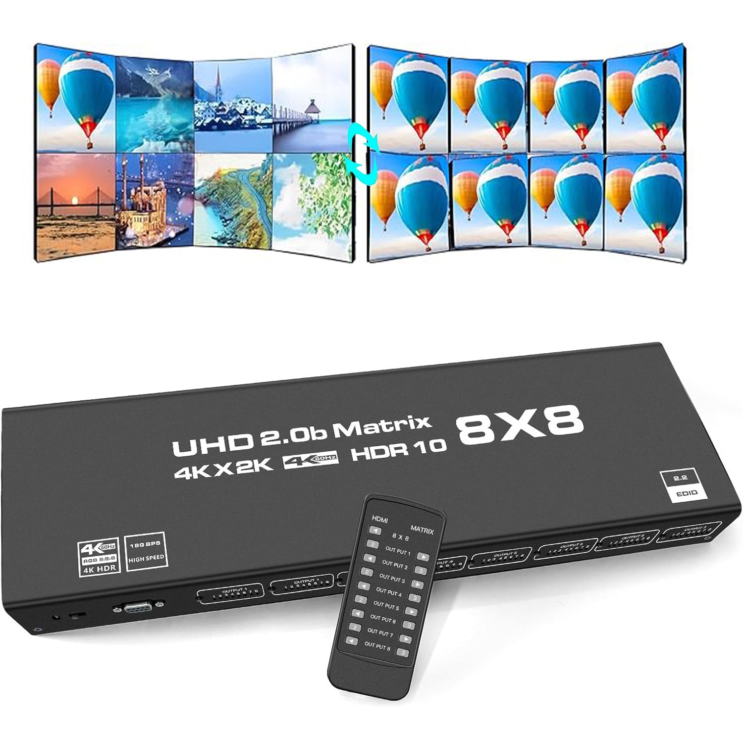 8x8 HDMI Matrix 4K@60Hz 8 in 8 Out HDMI Matrix Switcher Splitter YUV 4:4:4/RGB with RS232, IR, 18Gbps, HDCP2.2, HDMI2.0, 3D,EDID,ARC,CES,HDR10