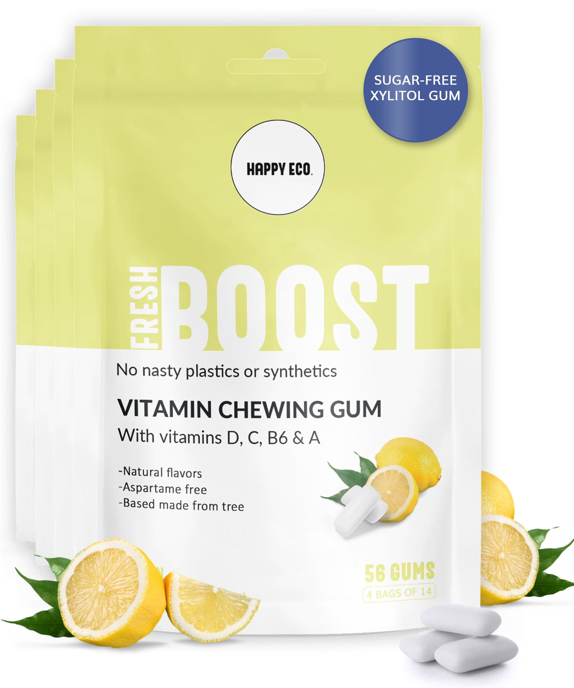 Multivitamin Xylitol Gum (56pcs) - Healthy, Sugar Free, Plastic Free, Chewing Gum with Vitamin Gum A,B6,C & D, Aspartame Free, Vegan, Gluten Free, Keto (Lemon)